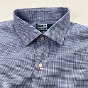 Polo Ralph Lauren Blue Dress Shirt Mens 17.5 Glen Plaid Regent Classic Fit
